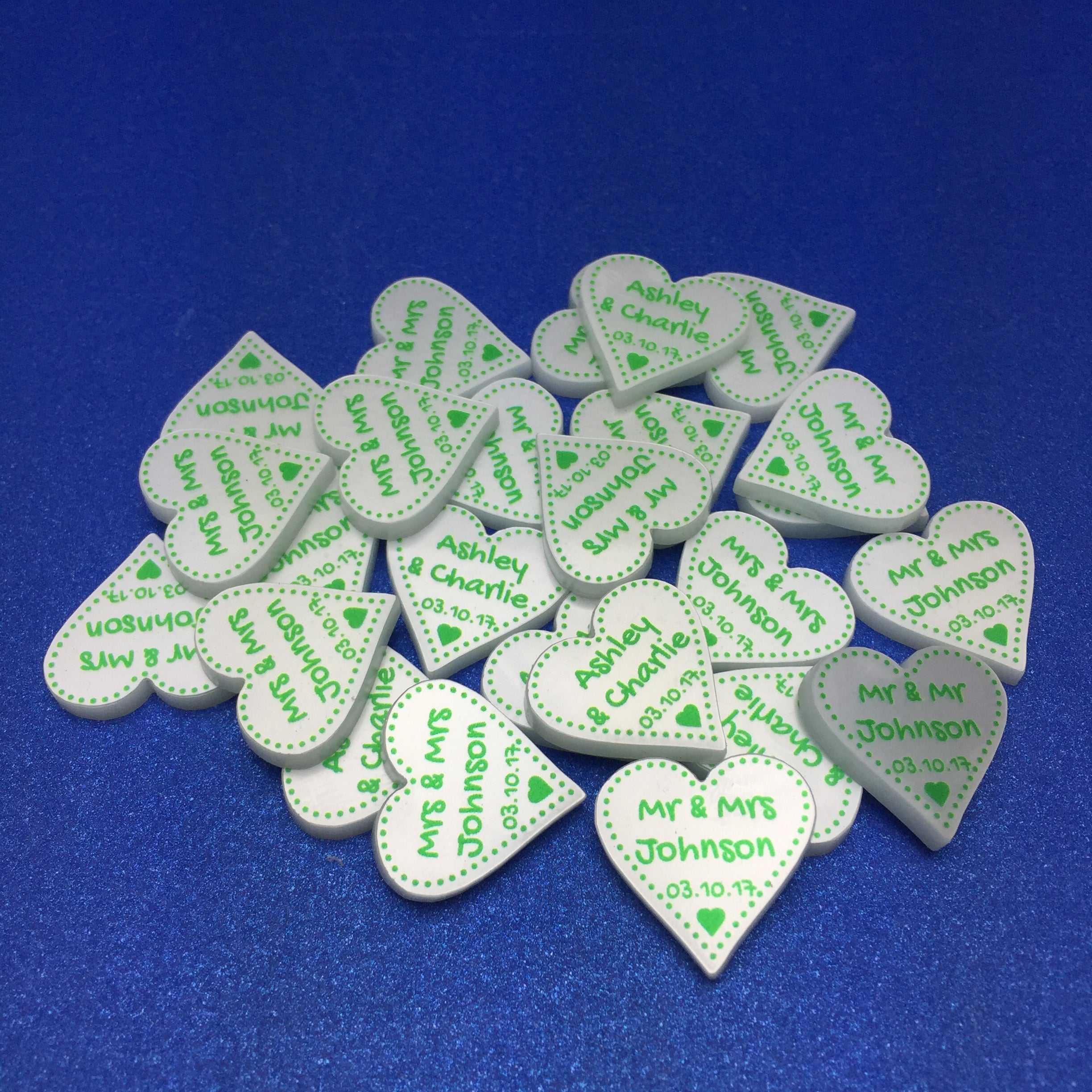 Personalised Wedding Favours - Pearlescent Acrylic + Green Dotty Love Hearts