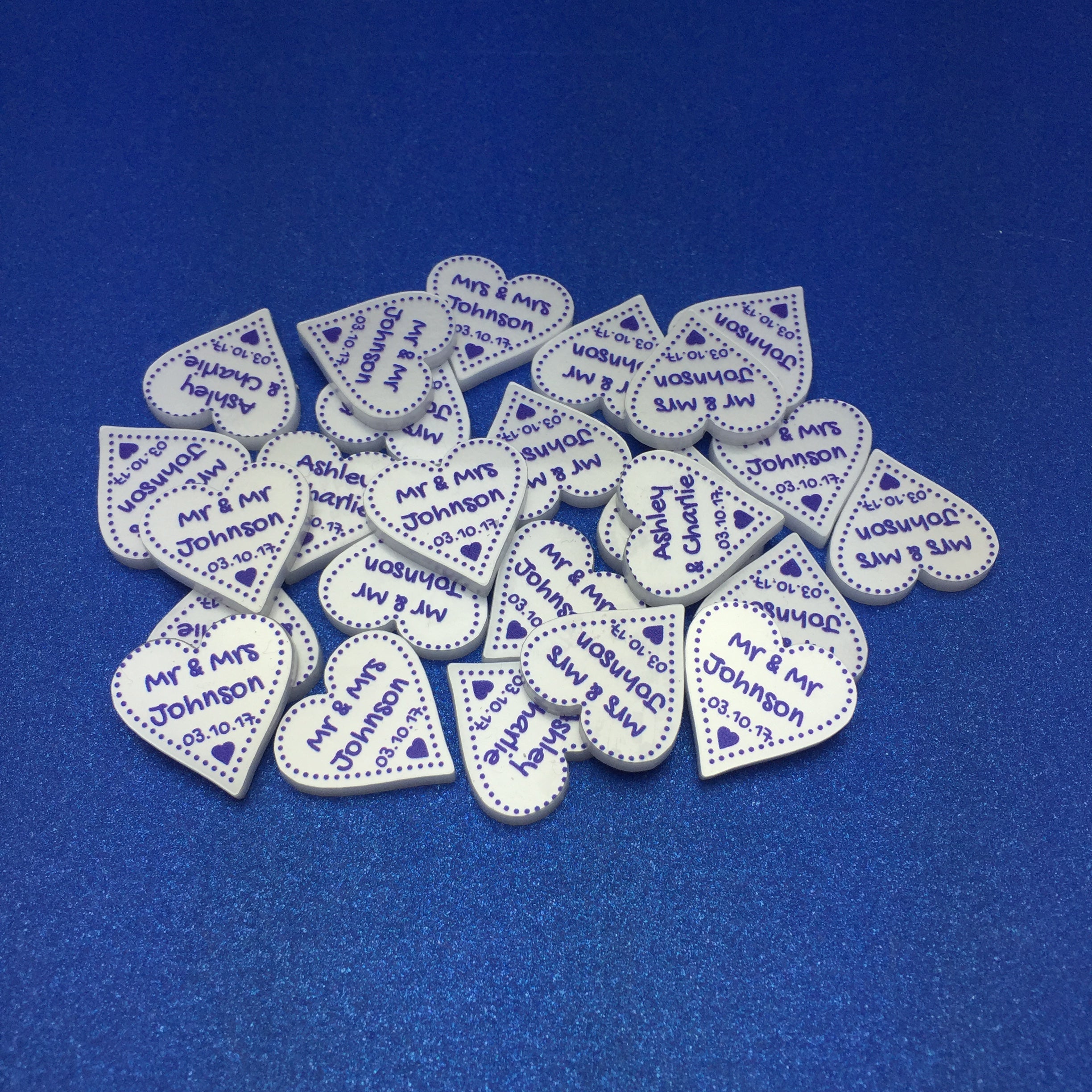 Personalised Wedding Favours - Pearlescent Acrylic + Dark Blue Dotty Love Hearts