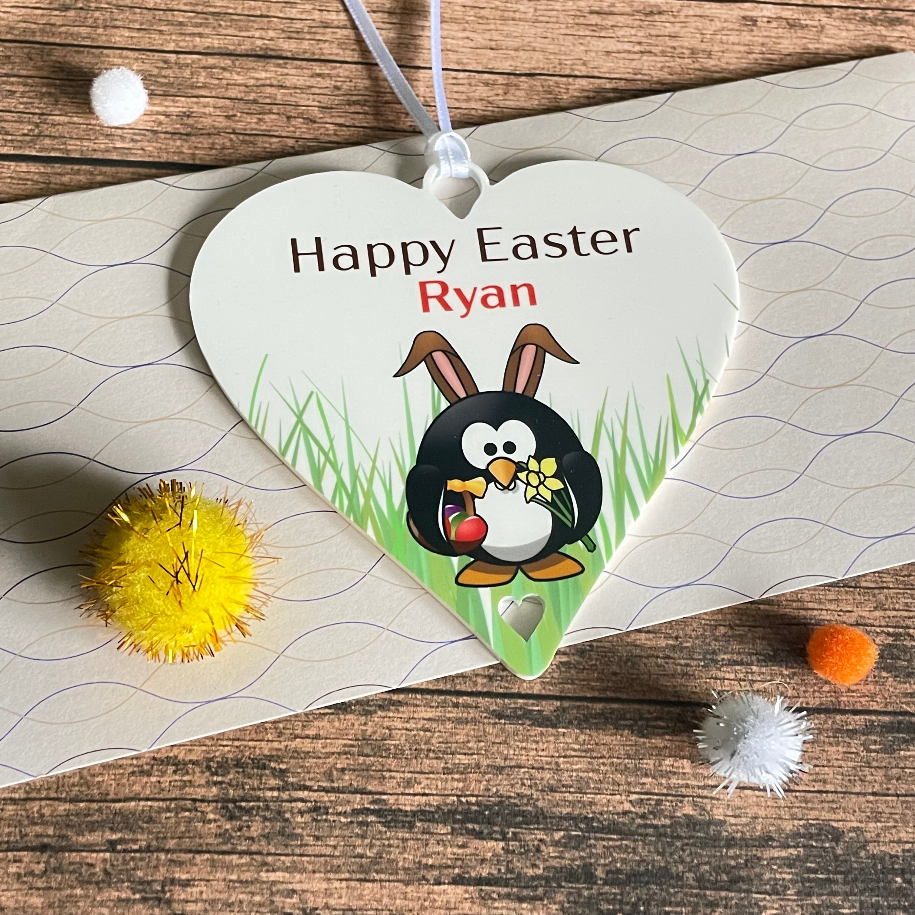 Happy Easter Gift Personalised Easter Penguin Hanging Decoration - 10cm Heart