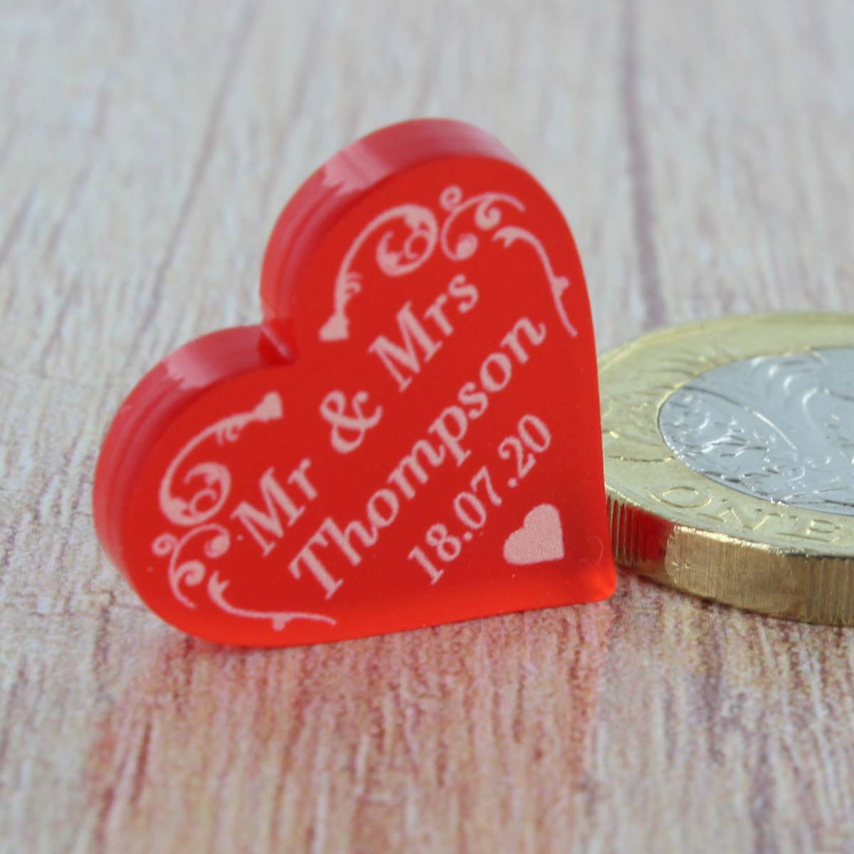 Personalised Wedding Favours - Frosted Red Acrylic Swirl Love Hearts