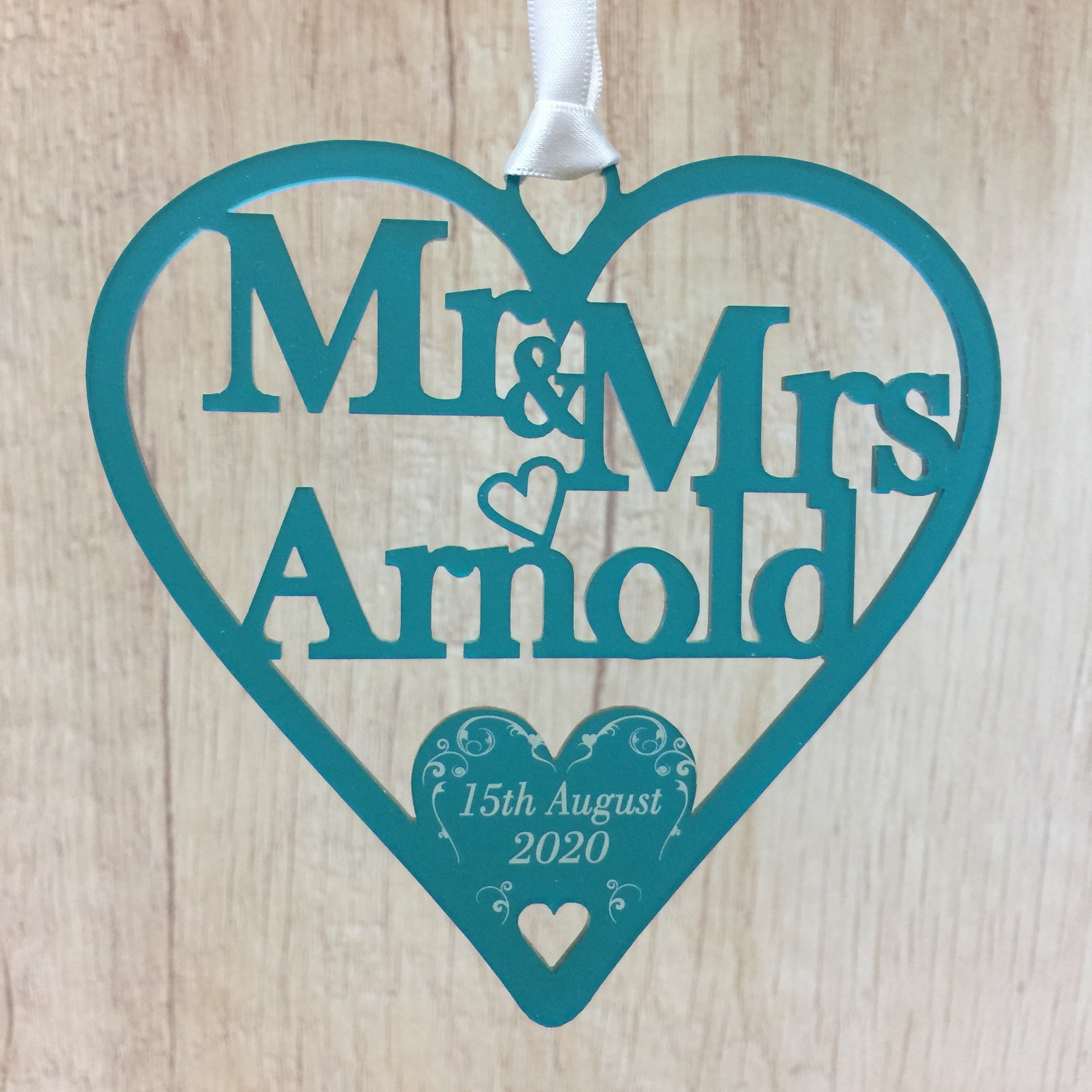 Personalised Wedding Day Gifts Swirl Love Heart Decoration - Frosted Teal Acrylic