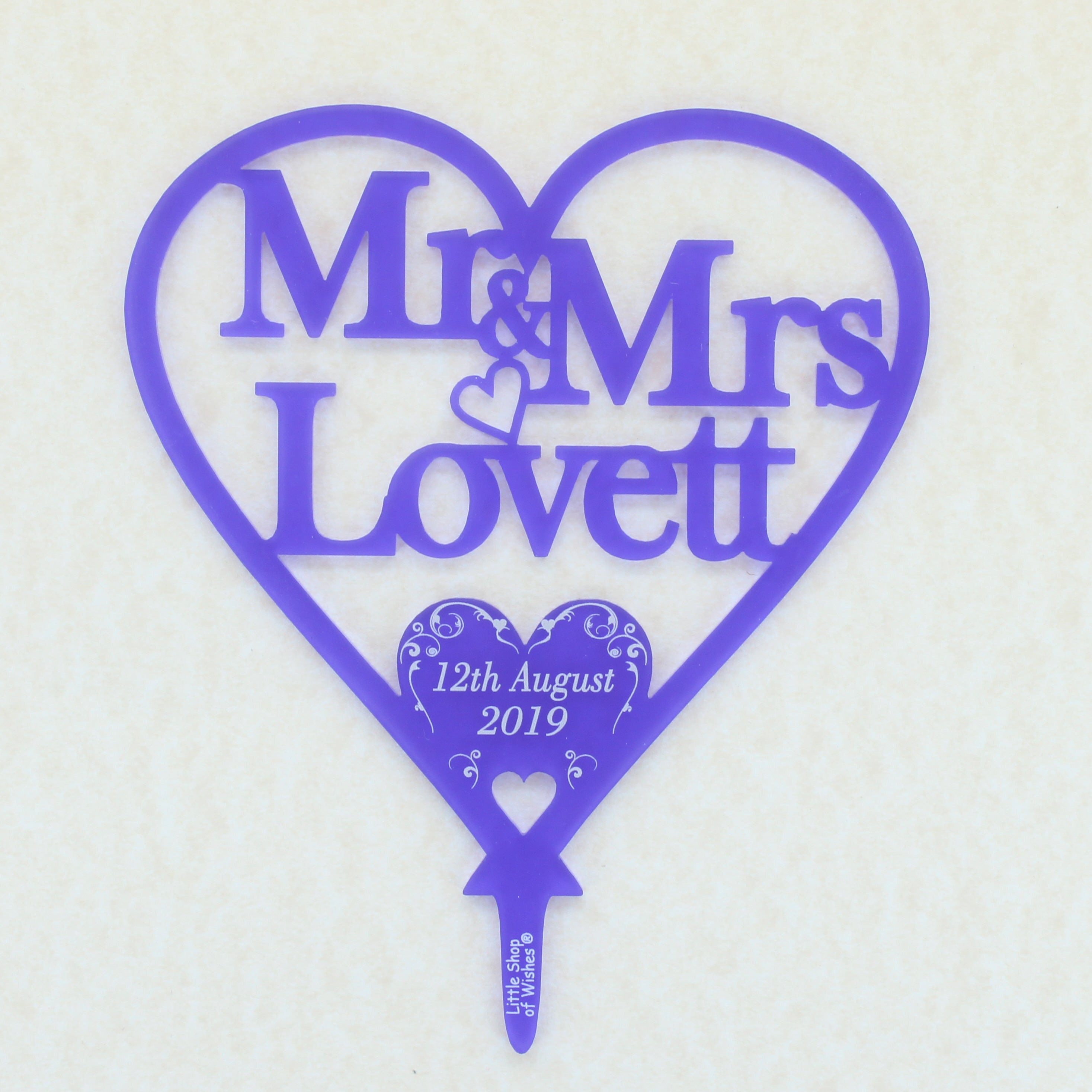 Wedding Cake Topper Swirl Love Heart Decoration - Frosted Purple Acrylic