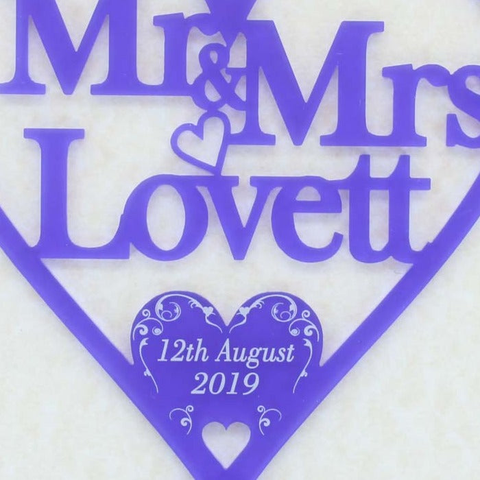Personalised Wedding Day Gifts Swirl Love Heart Decoration - Frosted Purple Acrylic