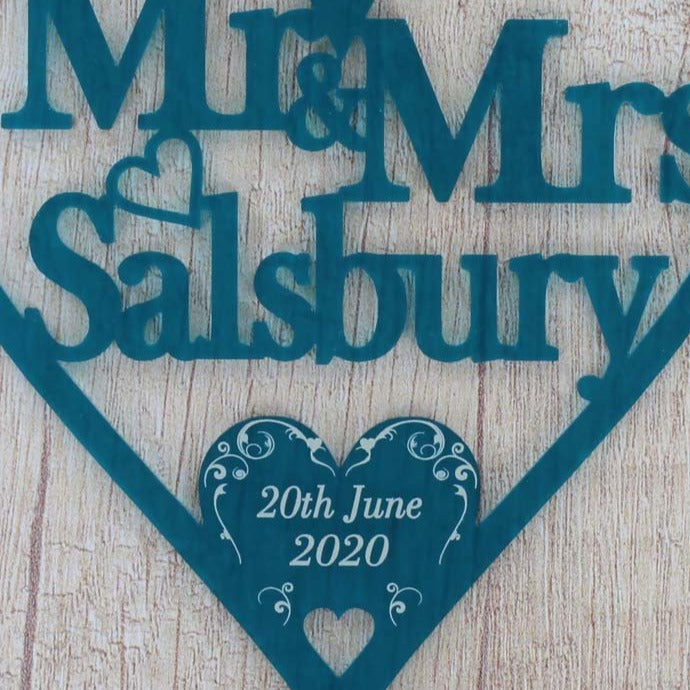 Personalised Wedding Day Gifts Swirl Love Heart Decoration - Frosted Teal Acrylic