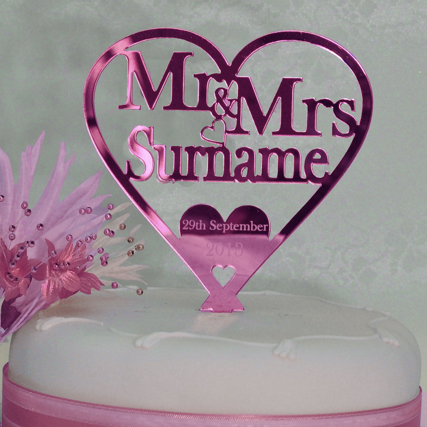 Wedding Cake Topper Love Heart Decoration - Pink Mirror Acrylic