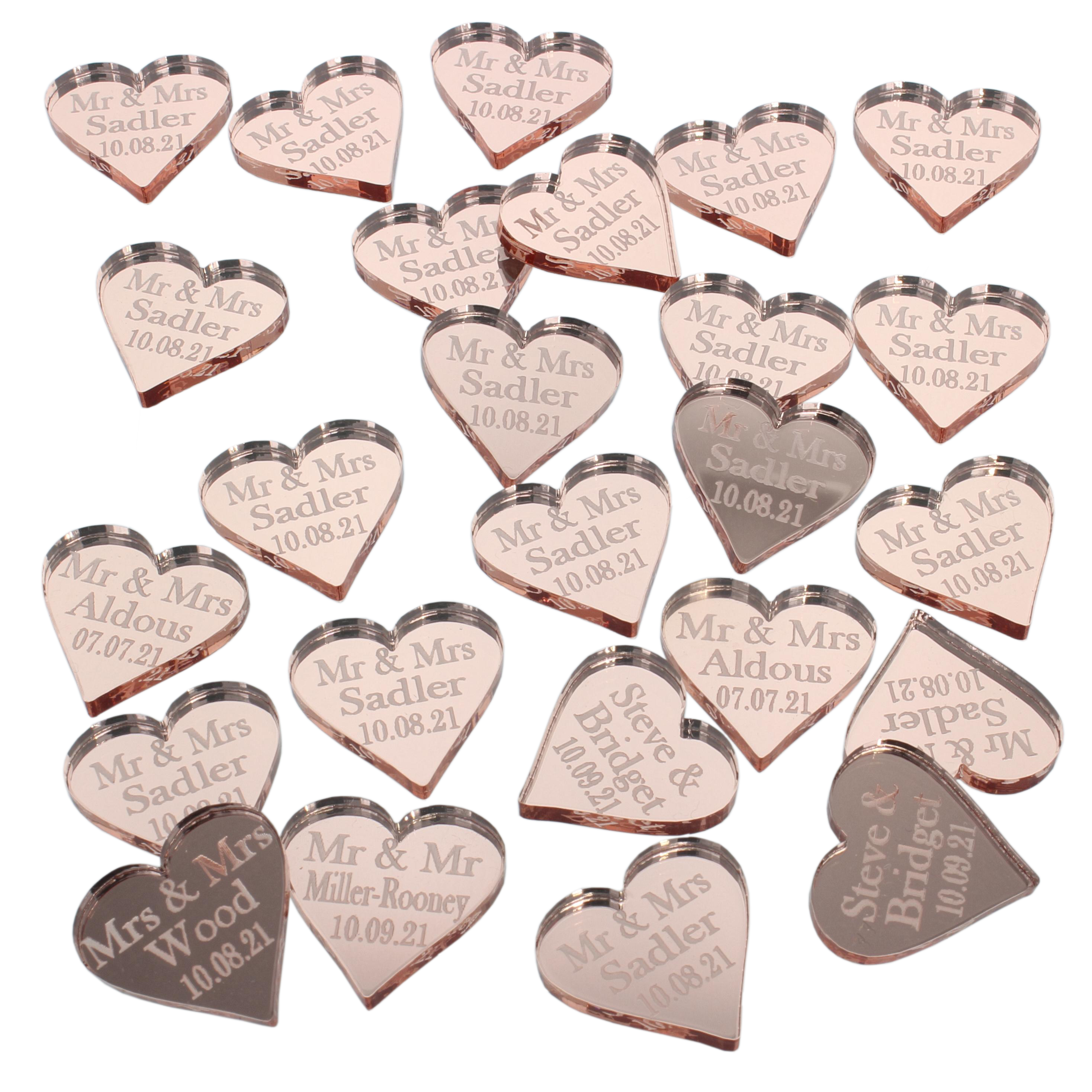 Personalised Wedding Favours - Rose Gold Mirror Acrylic Love Hearts